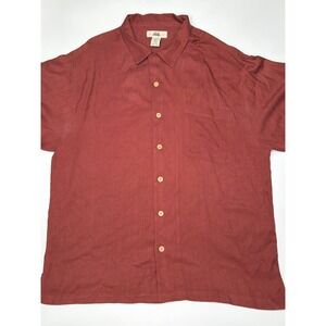 Banana Joe Mens XL Red Herringbone 100% Silk Sateen Short Sleeve Button Up Shirt